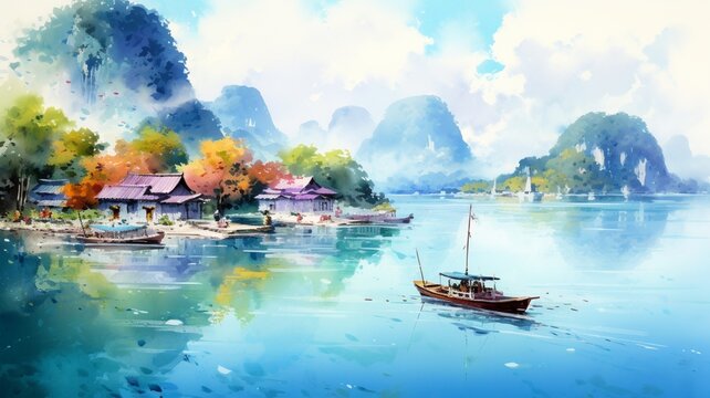 Beautiful vietnam watercolor landscape oil painting image Ai generated art