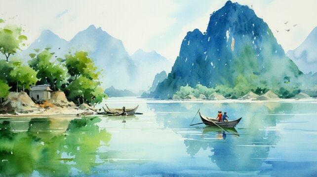 Beautiful vietnam watercolor landscape oil painting picture Ai generated art