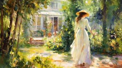 Beautiful woman garden summer floral france luxurious image Ai generated art