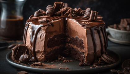 Obraz premium Indulgent homemade chocolate brownie with hazelnut decoration on rustic table generated by AI