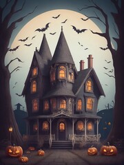 Fototapeta na wymiar Halloween scene in the night dark moonlight. Old house, trees, pumpkins, bats. Creepy atmosphere vintage cartoon art. Happy Halloween day
