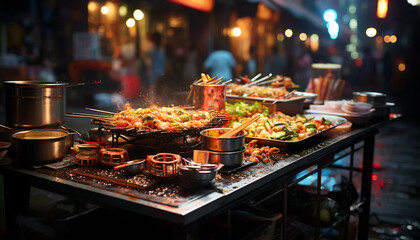 Grilled meat, barbecue, heat, freshness, coal, cultures, seafood, vegetable, snack generated by AI