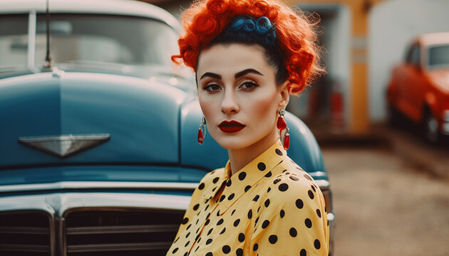 Young woman exudes confidence and elegance in vintage car glamour generated by AI