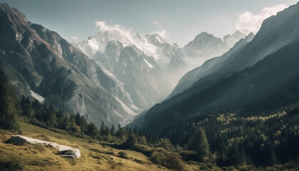 Majestic mountain range, tranquil meadow, and blue sky panorama generated by AI