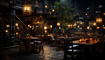 Nightclub bar illuminated by lanterns, a modern city vibrant nightlife generated by AI