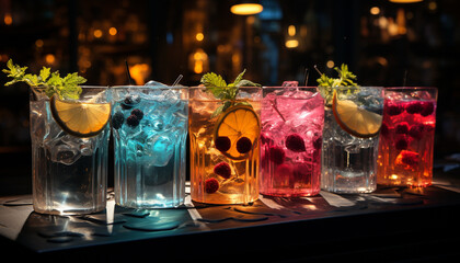 Cocktail drink, alcohol night, ice liquid, bar, lemon celebration generated by AI
