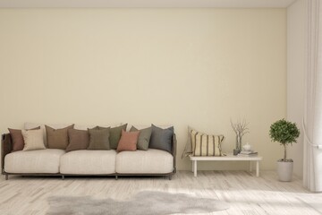 White living room with sofa. Scandinavian interior design. 3D illustration