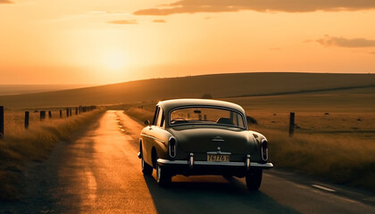 Fototapeta na wymiar Vintage sports car speeds through rural landscape at sunset generated by AI