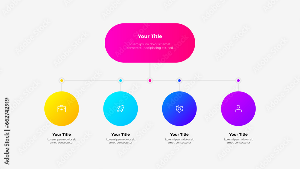 Poster Vector flowchart diagram with central rounded element and 4 small circles. Infographic template