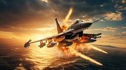 Launching missiles from fighter jet over dark sky