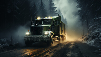 Truck speeding on wet asphalt, delivering cargo through foggy forest generated by AI