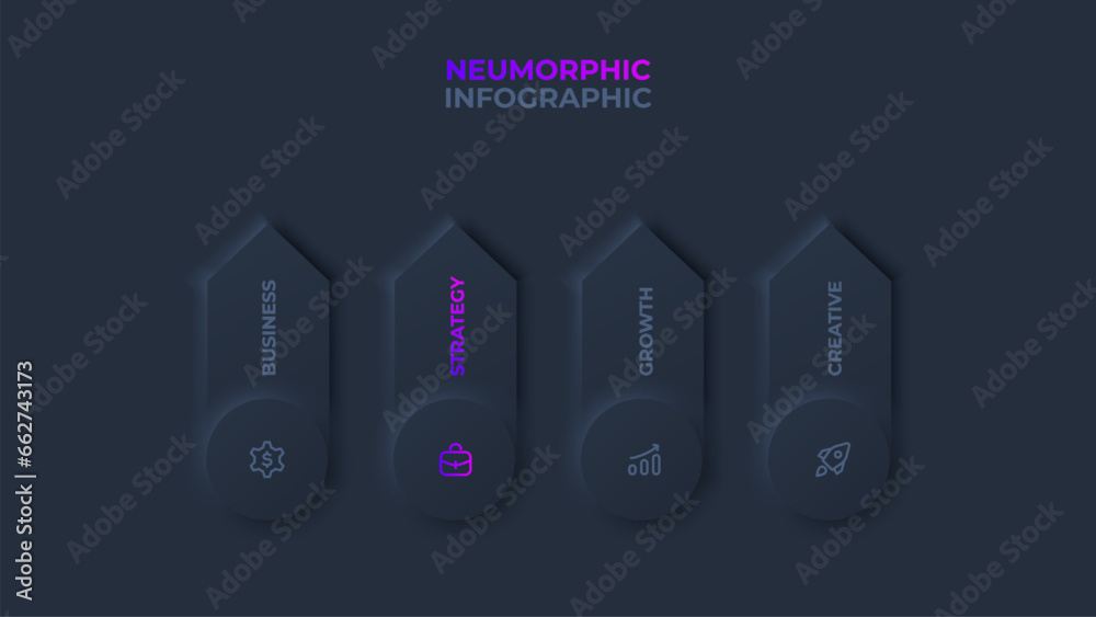 Aufkleber Vertical arrows elements with circles. Dark neumorphic infographic design template with 4 options or steps