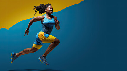 woman in blue and yellow clothes running