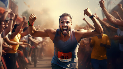 Craft an image of a dedicated athlete crossing the finish line of a marathon, surrounded by cheering spectators, showcasing determination, achievement, and the thrill of sports and fitness - obrazy, fototapety, plakaty