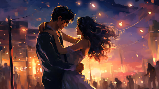 Craft an image of a young couple dancing under the stars at a rooftop party, surrounded by city lights and music, embodying the magic, romance, and vibrancy of urban nightlife