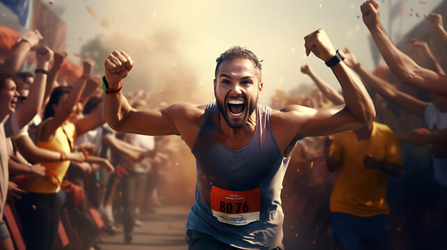Craft an image of a dedicated athlete crossing the finish line of a marathon, surrounded by cheering spectators, showcasing determination, achievement, and the thrill of sports and fitness