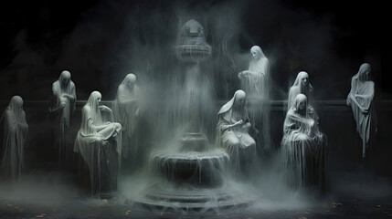 Fototapeta na wymiar Ghostly Figures at the Forgotten Fountain