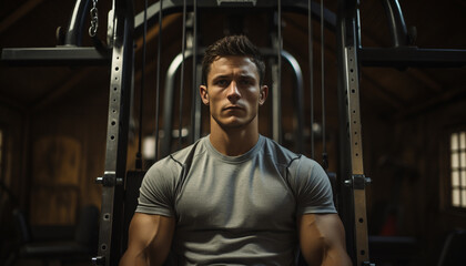 Muscular man, confident and determined, lifting weights in the gym generated by AI