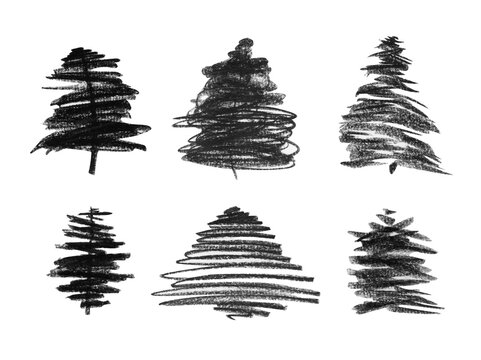 Watercolor set of fir trees, black and white line graphics, trees, green striped trees, stylized pine trees drawn on one line, isolated on a white background