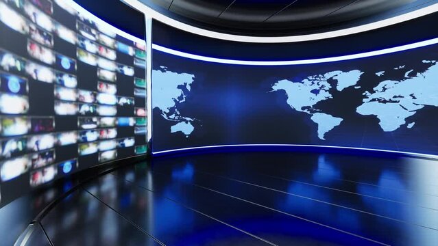 News TV Studio Set – Virtual Green Screen Background Loop motion footage, A green screen static image is included for easy editing.