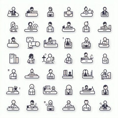 Business Network Outline Icons of Team Building, Work Group and Human Resources.