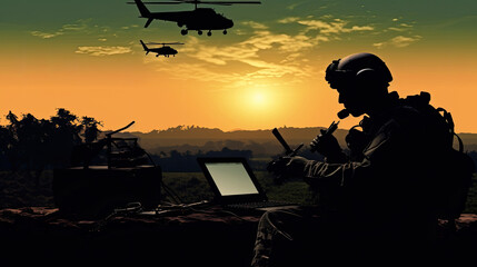 Silhouettes of soldiers using drone and laptop for military operation