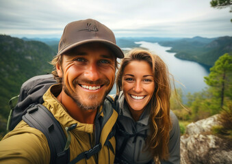 happy laughing couple taking selfie while hiking in the mountains