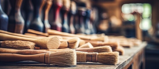 Close up view of artisan made wooden tools including shoe brushes and mashers at a woodworker s shop with a shallow depth of field With copyspace for text - obrazy, fototapety, plakaty