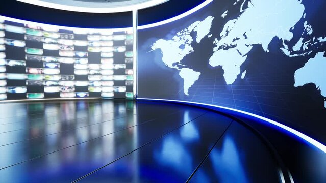 News TV Studio Set – Virtual Green Screen Background Loop motion footage, A green screen static image is included for easy editing.