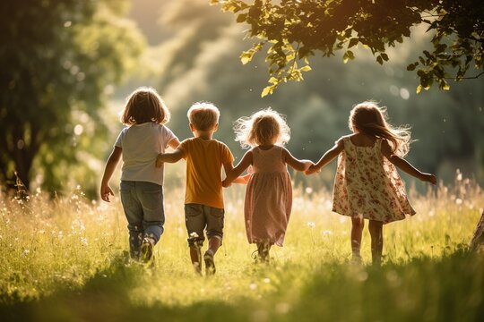 Happy kids playing outside and having fun together in summertime, a group of joyful friends walking in green park and hugging each other. Children and friendship concept