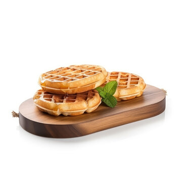 plate of waffles decorated with sauce and fresh berries isolated on white background