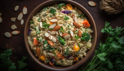 A healthy vegetarian risotto with fresh broccoli and homemade quinoa generated by AI
