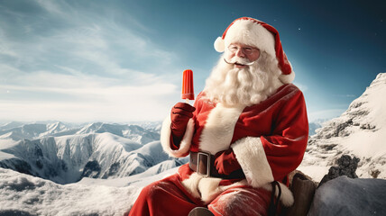 Funny Christmas scene of Santa Claus enjoying delicious ice cream popsicle on snowy mountain. - 662744304