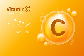 Vitamin C and its structure. A medicinal capsule. 3D Vitamin complex with chemical formula. Cosmetic care, nutrition, skin care, design. Medical and scientific concepts.