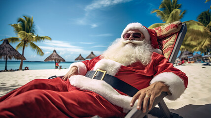 Funny Christmas scene of Santa Claus resting on sunlounger in a paradise beach. - obrazy, fototapety, plakaty