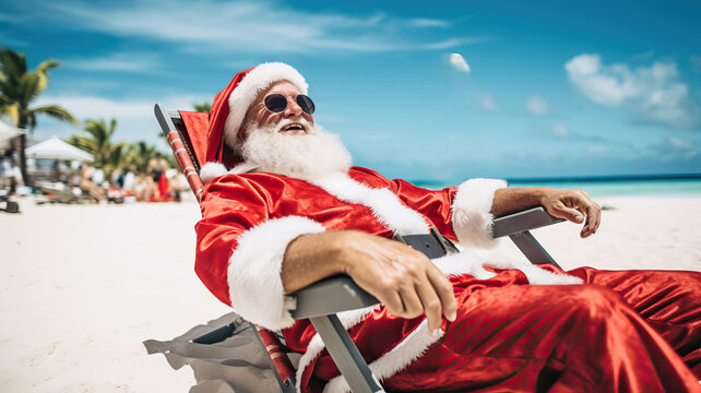 Funny Christmas scene of Santa Claus resting on sunlounger in a paradise beach.