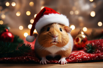 A little hamster with a tiny Santa Claus hat, sitting among Christmas presents and decorations
