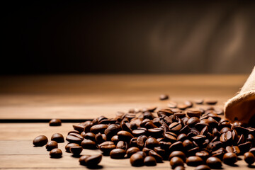 Fresh roasted coffee beans falling out the sack on the wooden surface. Brown coffee beans scattered from bag on the table.