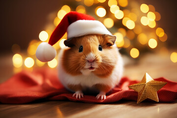 Cute little hamster wearing a tiny Santa Claus hat, siting among Christmas decorations
