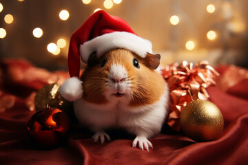 A brown hamster wearing a small Santa Claus Hat, sitting among Christmas decorations