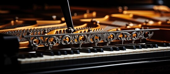 Close up view of hammers and strings in grand piano With copyspace for text