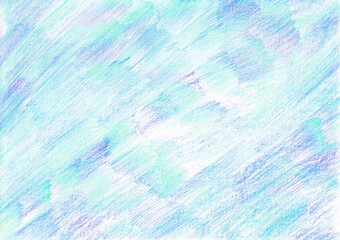 Abstract background shaded with colored pencils. Different shades of blue. Diagonal strokes. White lumens and purple spots are visible. Winter, frost, cold.