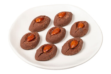 Almond cookies. Cookies with cocoa and almonds isolated on white background. patisserie products. Close up