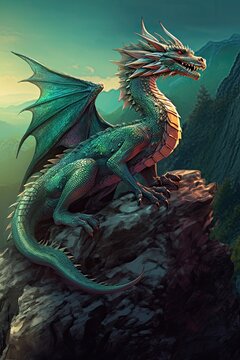 Image of a large green dragon on a table with horns and wings against the background of mountains