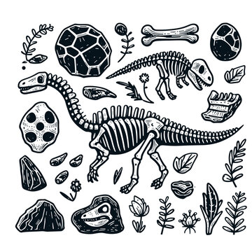 Dinosaur skeleton and fossils. Dinosaur bones, rocks, footprints, plants and eggs. Black and white illustration in childish style