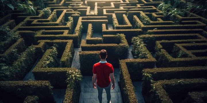 Man in surreal maze, facing labyrinth challenge, complex problem decision, strategy for success, concept of life obstacles and solutions.