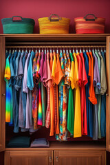 Big wardrobe with different clothes for dressing room