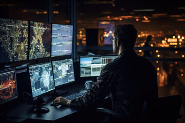 Officer looking at screens. Military surveillance 