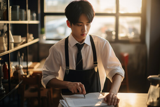 asian chinese teenage boy waiter tying up apron getting read to work at cafe opening