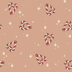 Vector retro seamless pattern with candy cane hearts and sparkling stars